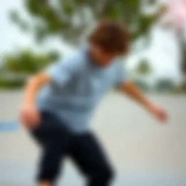 Skateboarding in Style with the Grey Champion T-Shirt A skateboarder wearing a grey champion t-shirt while performing tricks at a skatepark.