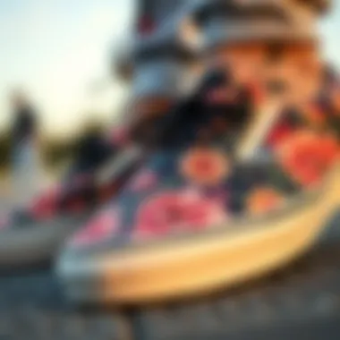 Close-up of floral patterns on slip-on Vans footwear