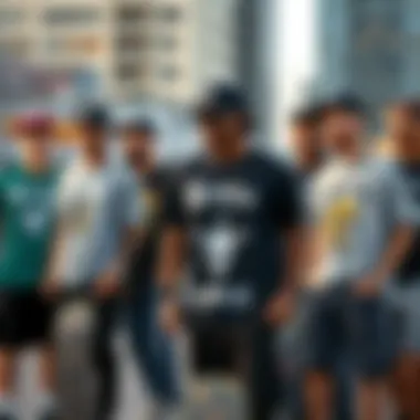 Diverse T-Shirt Styles in Skate Culture A group of skateboarders showcasing diverse t-shirt styles in an urban setting