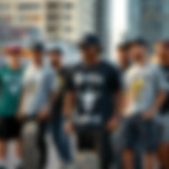 Diverse T-Shirt Styles in Skate Culture A group of skateboarders showcasing diverse t-shirt styles in an urban setting