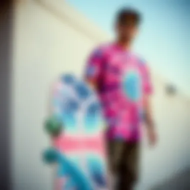 Skateboard Meets Tie Dye Fashion A skateboard adorned with tie dye designs next to a pink and blue shirt