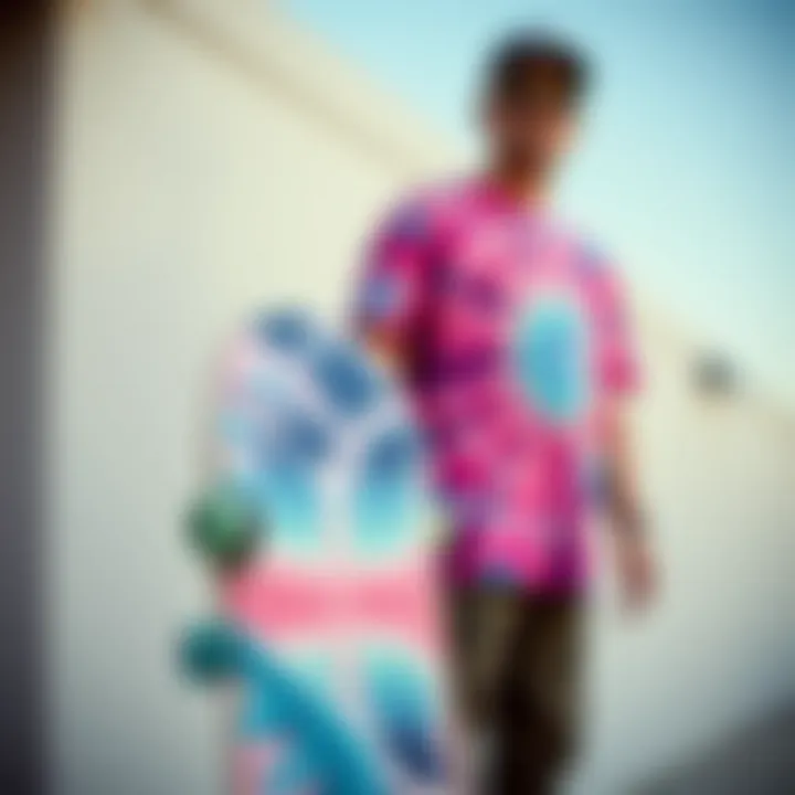 Skateboard Meets Tie Dye Fashion A skateboard adorned with tie dye designs next to a pink and blue shirt