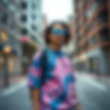 Urban Style with Tie Dye A stylish individual showcasing a pink and blue tie dye shirt in an urban setting