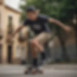 A skateboarder performing tricks wearing spandex shorts