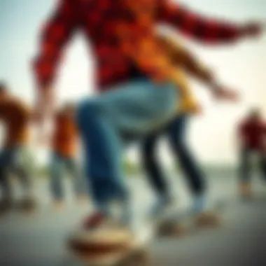 Skateboarders in Action with Orange Plaid Flannel Group of skateboarders wearing orange plaid flannel shirts in action