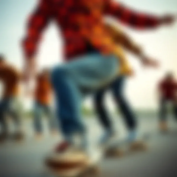 Skateboarders in Action with Orange Plaid Flannel Group of skateboarders wearing orange plaid flannel shirts in action