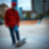 Vibrant orange plaid flannel shirt displayed in an urban skate park setting
