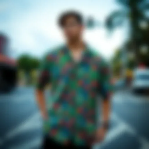 A vibrant funky button-up shirt featuring a unique pattern.
