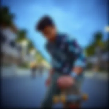 Skateboarder with Funky Shirt A skateboarder showcasing their style with a funky button-up shirt.