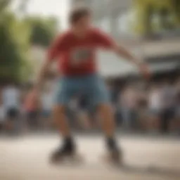 A skater performing tricks in loose shorts