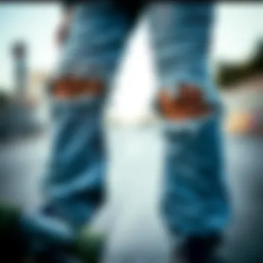 Stylish Ripped Pants and Skateboard Gear Close-up of stylish ripped pants with skateboard gear