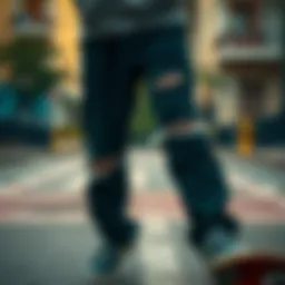 Skateboarder showcasing ripped pants in an urban environment