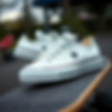 Classic Design Meets Skate Culture Classic white leather Converse All Star sneakers on a skateboard