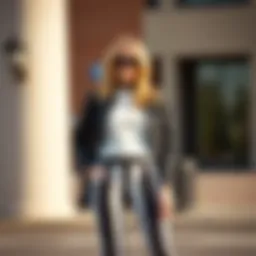 A stylish ensemble featuring black and white pants paired with contemporary accessories.