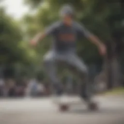 A skateboarder performing tricks while wearing grey camo pants