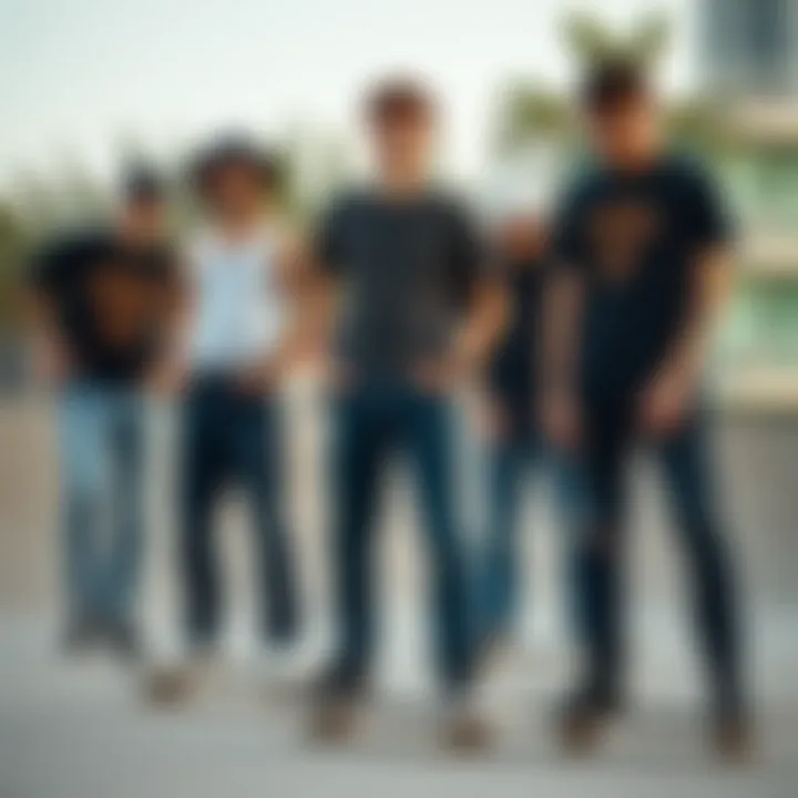 Community of Skateboarders A group of skateboarders wearing light black jeans at a skate park.