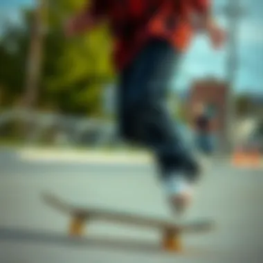 Skateboarder in Action A stylish skateboarder in light black jeans performing tricks.