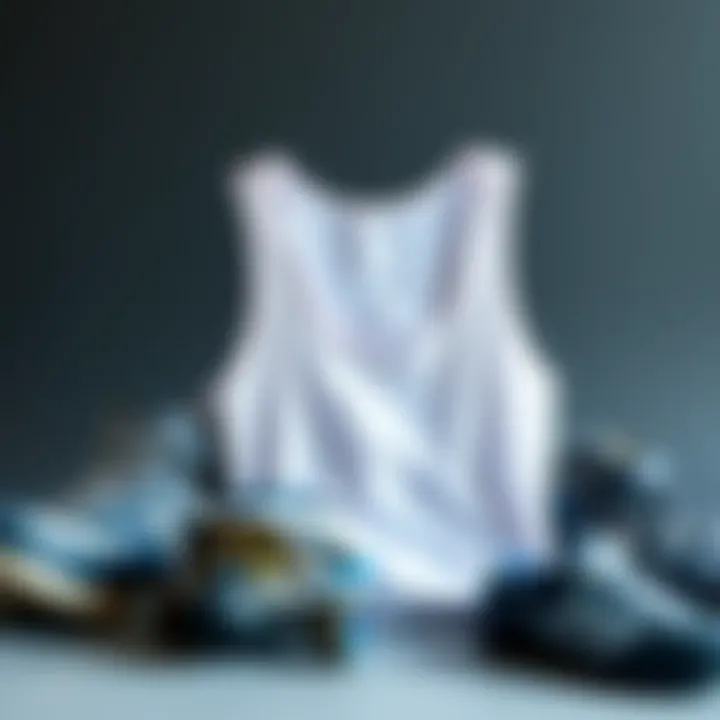 An artistic arrangement of a low cut white tank top alongside skateboarding gear