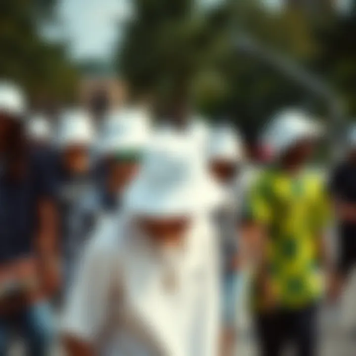 Skateboarders in White Bucket Hats A group of skateboarders showcasing different styles with white bucket hats
