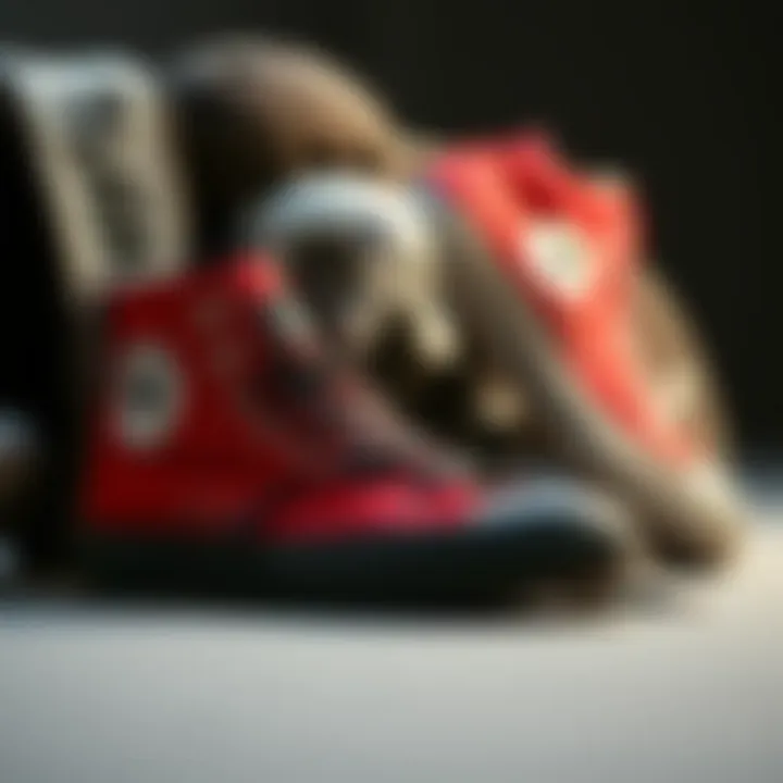 Fashion Meets Function: Design Choices Explored Design elements of red and black Converse shoes displayed alongside skateboard gear