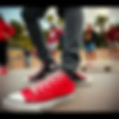 Unity in Style: Skaters and Their Footwear A group of skaters wearing red and black Converse shoes at a skate park