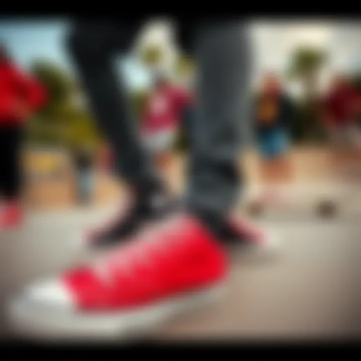 Unity in Style: Skaters and Their Footwear A group of skaters wearing red and black Converse shoes at a skate park