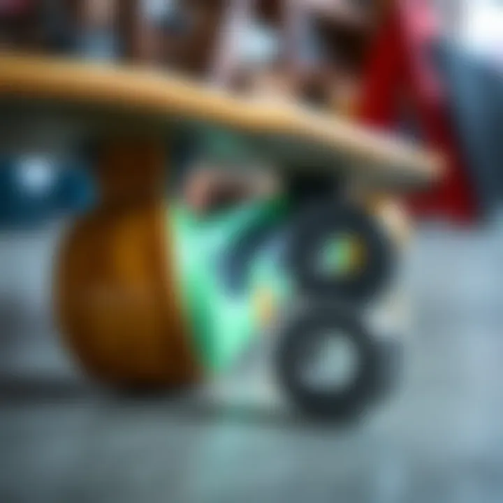 Skateboard and Compatible Bearings A skateboard deck with compatible bearings displayed next to it, highlighting the importance of fitting.