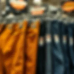 A selection of Dickies pants displayed on a retail rack