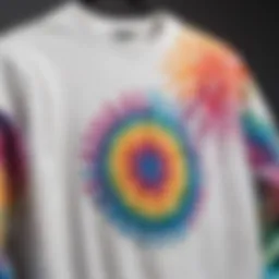 A close-up of a white sweatshirt adorned with vibrant tie dye patterns, showcasing a blend of colors.