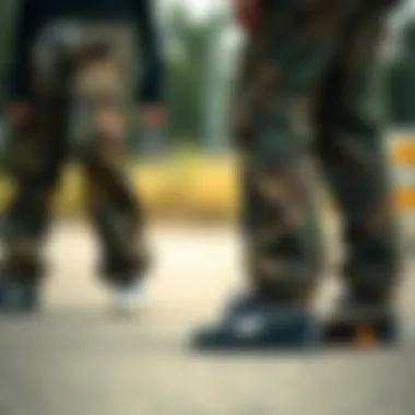 Stylish Combination of Cargo Pants and Skate Gear A stylish arrangement of woodland camo cargo pants and skate gear