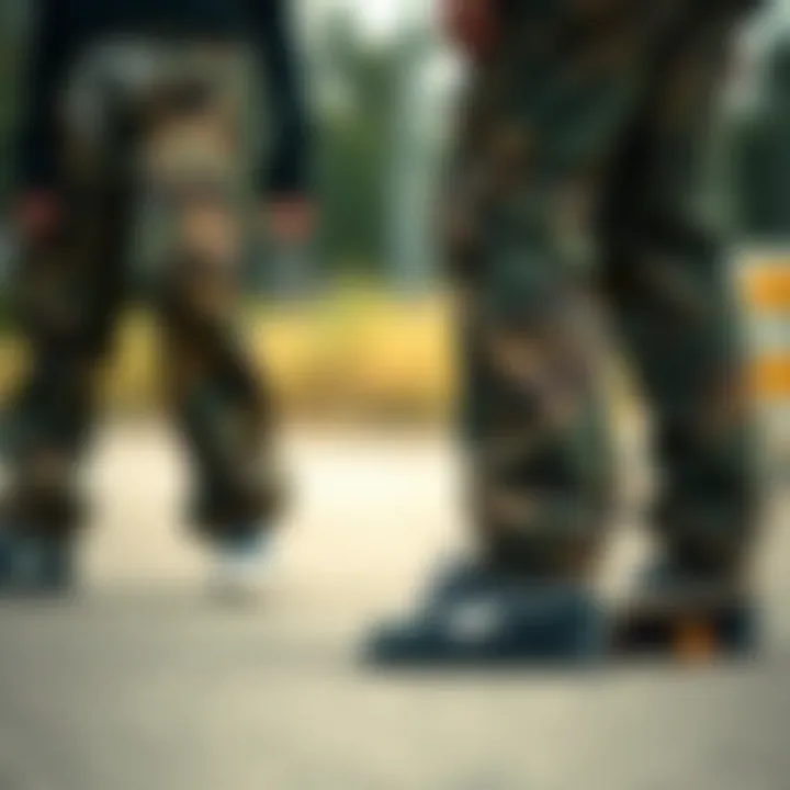 Stylish Combination of Cargo Pants and Skate Gear A stylish arrangement of woodland camo cargo pants and skate gear
