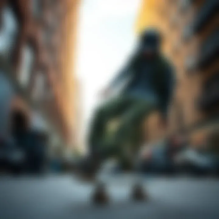 Urban Skateboarding with Woodland Camo Cargo Pants Woodland camo cargo pants in an urban skateboarding environment